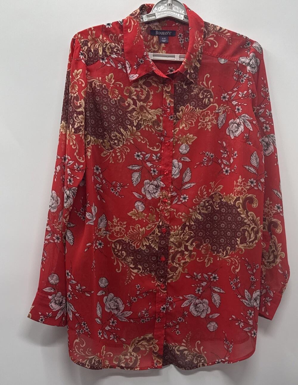 Roaman’s 16W Red Floral Boho Button Front Tunic Blouse Sheer Long Sleeve